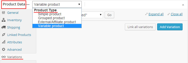 In order to set up a variation, you will need to add variable product. For doing this, choose “variable product” from the dropdown selection alongside Product Data.