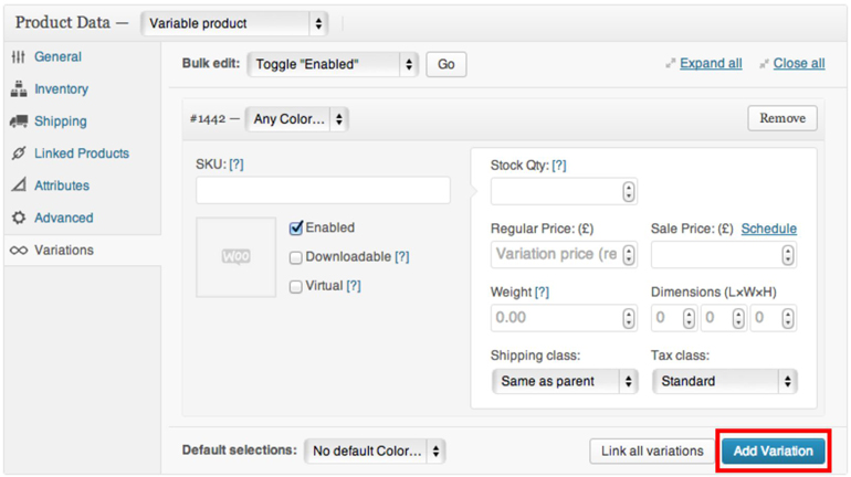 A variation panel will open up after clicking on 'Add Variation